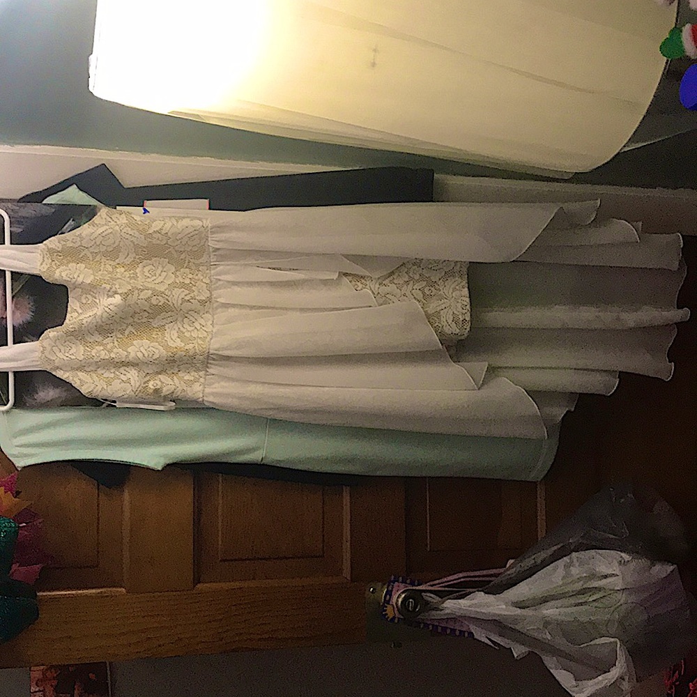 White and gold dress with white long extension in back worn only 1 time